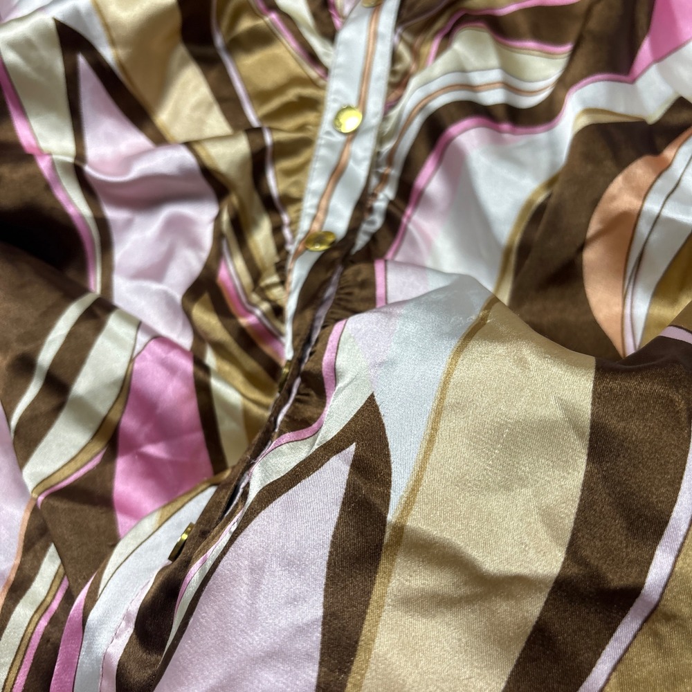 y2k Cache Blouse Brown Pink Good Psychedelic Swirl Ruched Satin Button Down Top - Picture 6 of 8